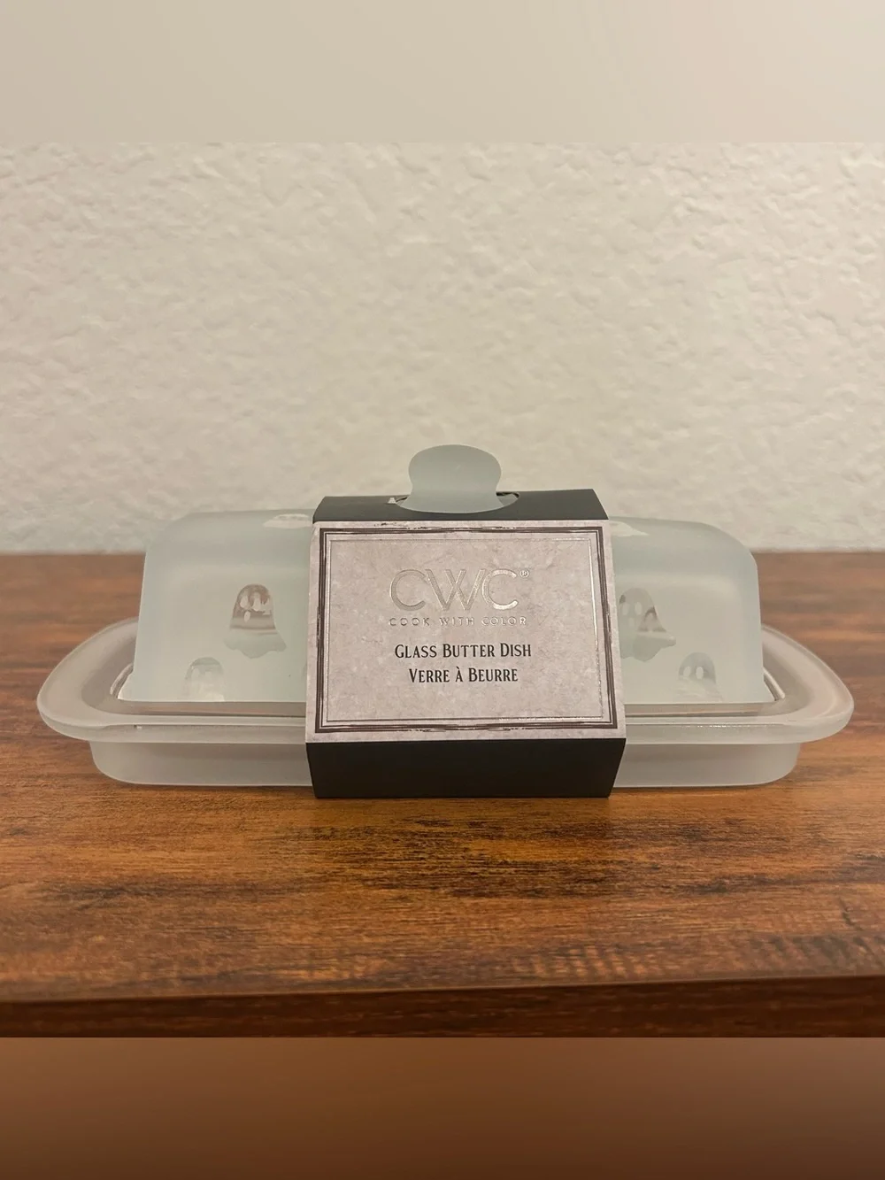 CWC Cook With Color Ghost Frosted Glass Halloween Butter Dish